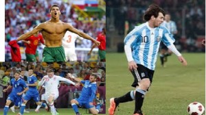 Above: a muscular Cristiano Ronaldo, Wayne Rooney (bottom left) and Lionel Messi (right), all looking to perform in the FIFA World Cup